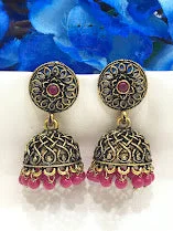 Best hoop earrings with custom engravings for a personalized and meaningful gift-Dazzling Rani Pink Color Flower Design Jhumka Earrings For Women