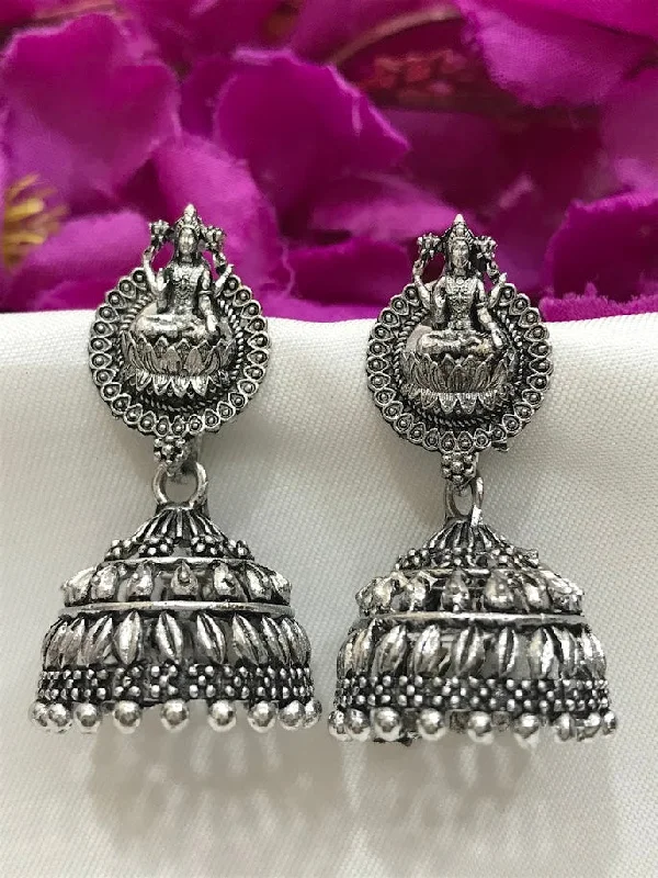 Stylish hoop earrings with diamond accents for an elegant and sparkling effect-Traditional silver oxidized Lakshmi Design Jhumka Earrings for women