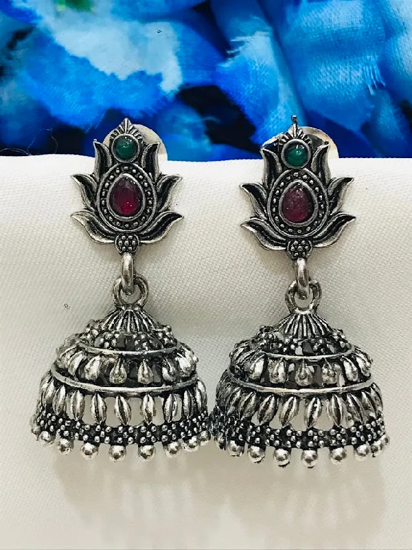 Best hoop earrings with braided leather for a rustic, stylish finish-Alluring Oxidized Stones And Beads Work Jhumka Earrings For Women