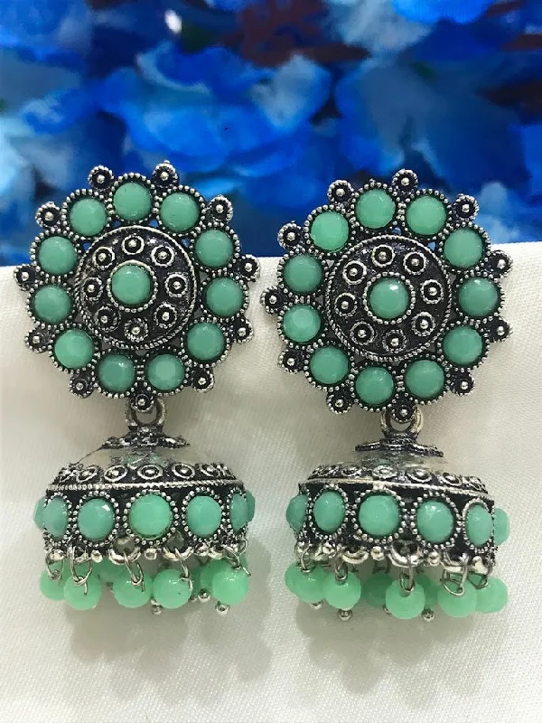 Best hoop earrings with minimal embellishments for a sleek and modern look-Gorgeous Teal Green Colored Oxidized Jhumka Earrings