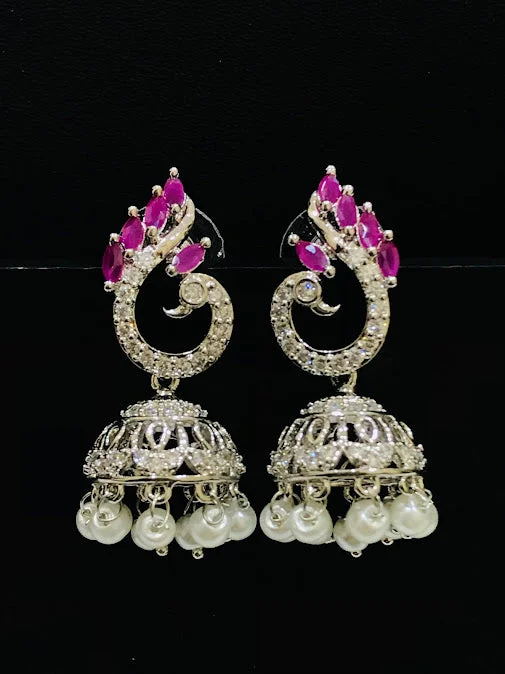 Best hoop earrings with Swarovski crystals for added sparkle and luxury-Ravishing Pink Color American Diamond Jhumka Earrings For Women