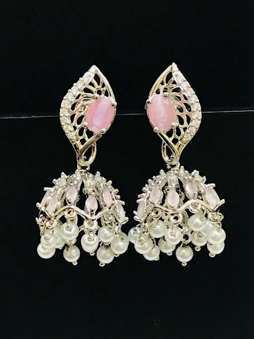 Best hoop earrings with blackened metal for an edgy and bold appearance-Gorgeous American Diamond Light Pink Colored Jhumka Earrings