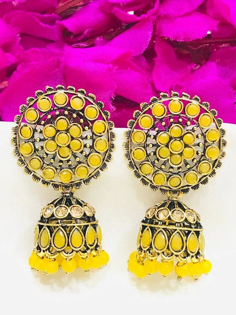 Best hoop earrings with matching bracelets for a coordinated jewelry set-Delightful Yellow Colored Stone Work Jhumka Earrings For Women