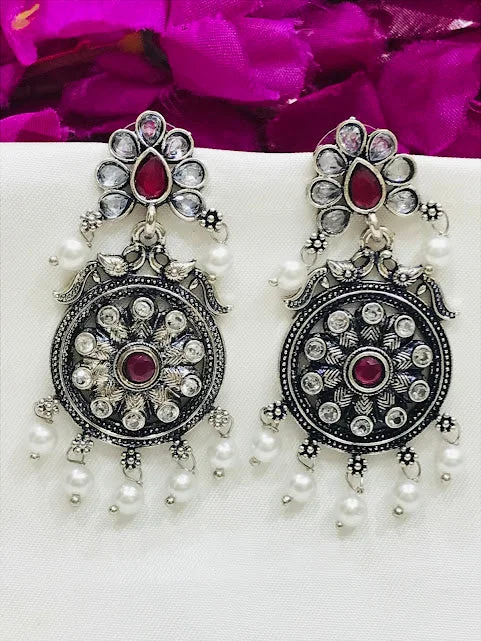 Hoop earrings with rhinestone embellishments for a glamorous and sparkling look-Appealing Oxidized Stone And Beaded Work Earrings For Women