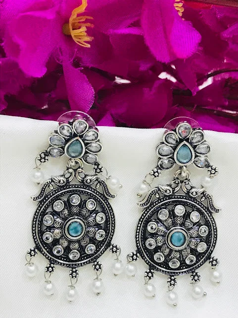 Best hoop earrings with gemstone accents for a colorful and elegant appearance-Beautiful Stone And Beaded Work Sky Blue Colored Oxidized Earrings