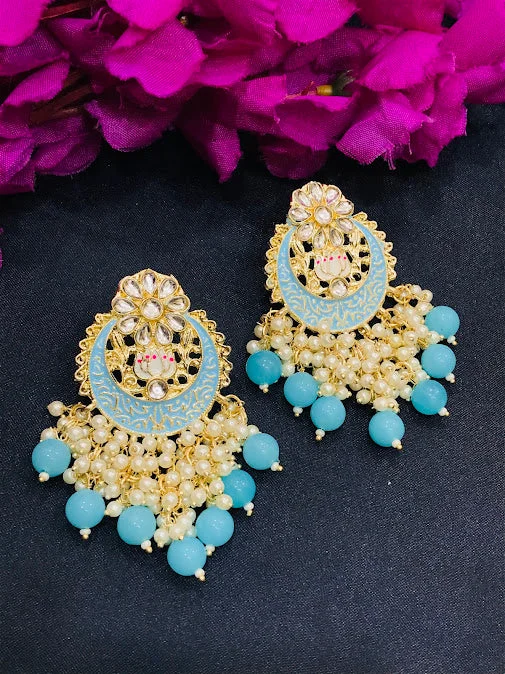 Best hoop earrings with intricate beaded details for a textured, stylish appearance-Appealing Sky Blue Colored Gold Plated Earrings For Women