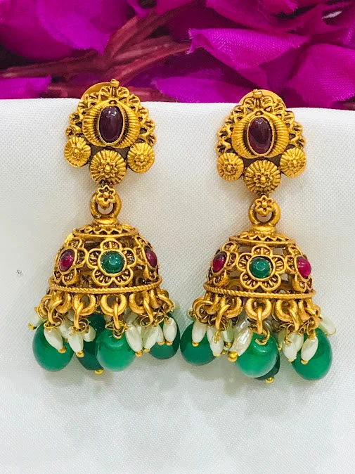 Hoop earrings with resin accents for a bold and colorful design-Delightful Multicolor Antique gold Jhumka Earrings For Women