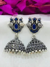 Hoop earrings with twisted metal designs for a dynamic and modern style-Elegant Blue Colored Peacock Design Silver Oxidized Jhumka Earrings