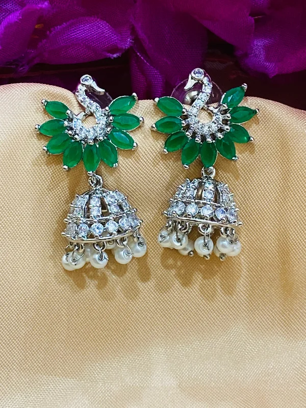 Best hoop earrings with geometric pendants for a modern, chic appeal-Elegant Green Colored Peacock Design American Diamond Earrings