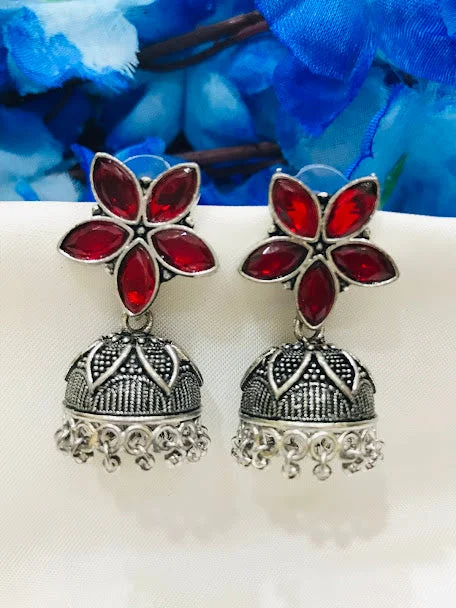 Hoop earrings with twisted leather for a chic and modern boho look-Elegant Red Colored Flower Design Oxidized Earrings For Women