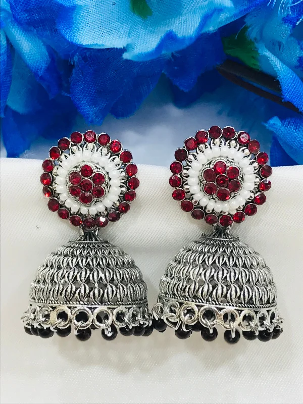 Hoop earrings with rhinestone embellishments for a glamorous and sparkling look-Appealing Oxidized Maroon Color Stone Work Jhumka Earrings