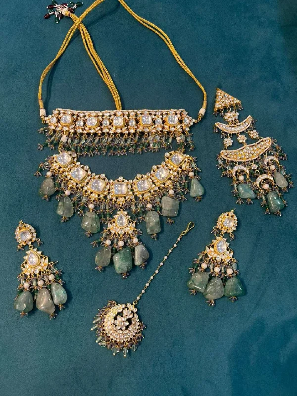 Best hoop earrings with minimal embellishments for a sleek and modern look-Mint Green Stone Pachi Kundan Studded Full Bridal Jwellery Set