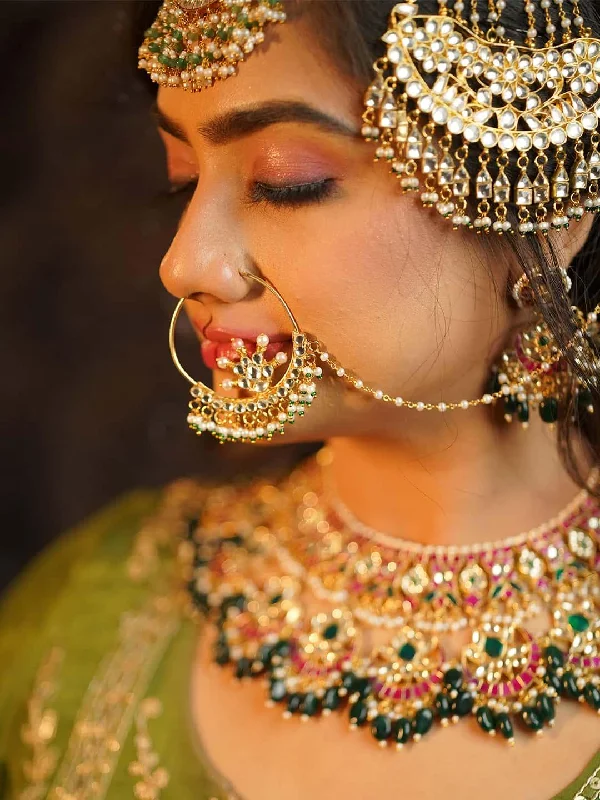 Hoop earrings with textured gold for a refined and sophisticated aesthetic-Pachi Kundan Bridal Nath