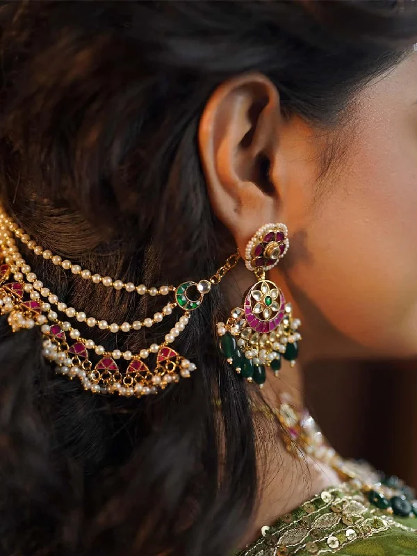 Hoop earrings with artistic filigree designs for an intricate, delicate finish-Pachi Kundan Embedded Ear Chains