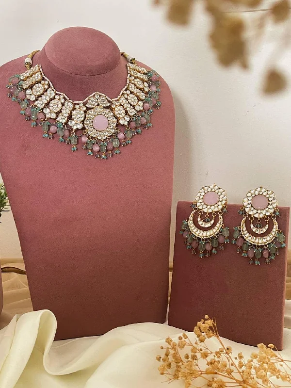 Best hoop earrings with angel wing accents for a spiritual and meaningful design-Pastel Pink Colour Paachi Kundan Set