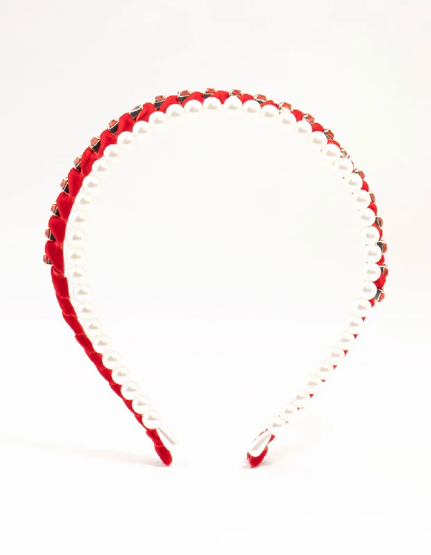 Hoop earrings with tortoiseshell designs for a chic and classic style-Red Diamante & Pearl Headband