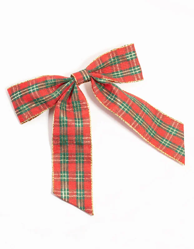 Hoop earrings with twisted metal designs for a dynamic and modern style-Red Tartan Fabric Bow Clip