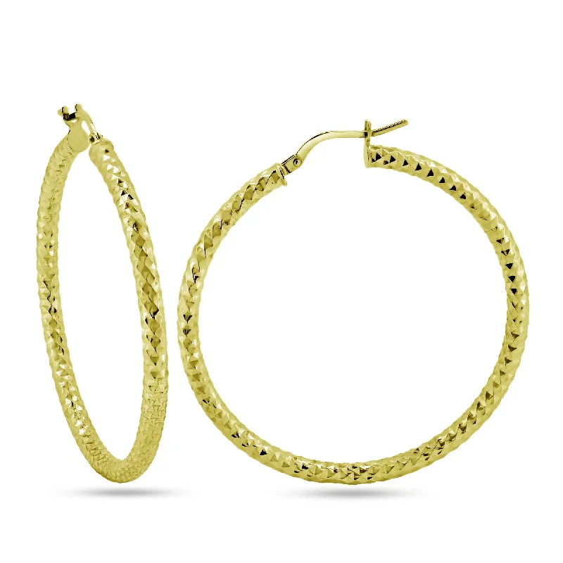 Hoop earrings with leather accents for a sleek and bold combination-Gold Plated 925 Sterling Silver Silver 3mm Diamond Cut Textured Hoop Earrings - ARE00037GP