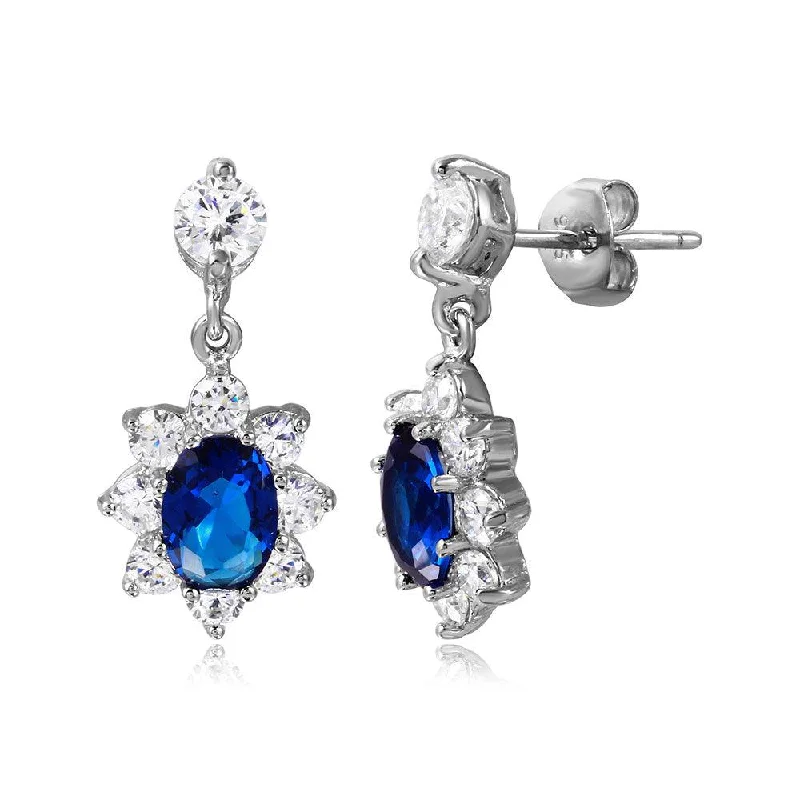 Hoop earrings with intricate designs for a unique and artistic appearance-Silver 925 High Polished 2 Toned Clear And Blue CZ Hanging Earrings - BGE00472SP