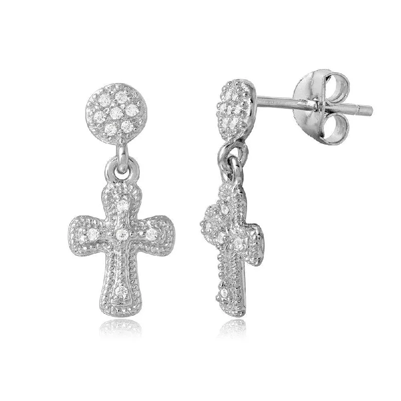 Stylish hoop earrings with diamond accents for an elegant and sparkling effect-Silver 925 High Polished Hanging Cross CZ Earrings - BGE00486SP