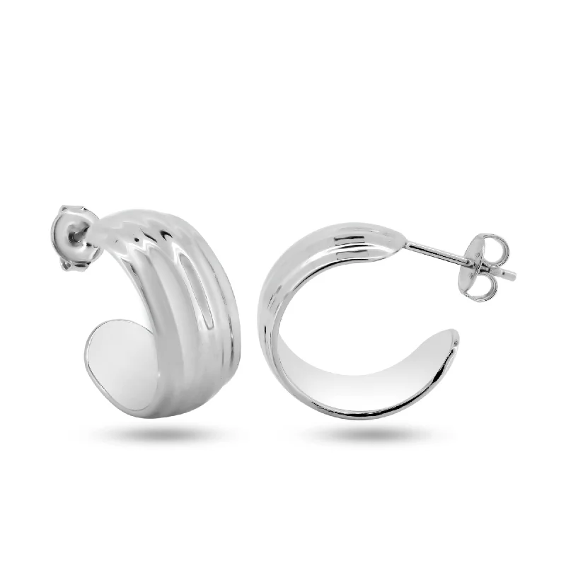 Best hoop earrings with satin ribbons for a soft, feminine appearance-Rhodium Plated 925 Sterling Silver Dome Semi Hoop Earrings - GME00142