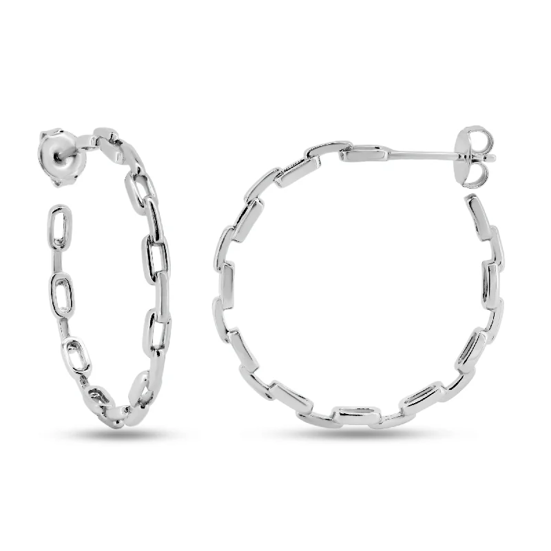 Best hoop earrings with custom designs for a personalized, unique accessory-Rhodium Plated 925 Sterling Silver Link Design Semi Hoop Earrings - GME00127