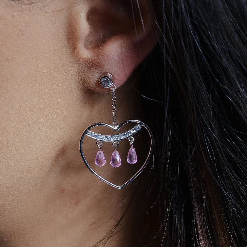 Small hoop earrings for a delicate and understated everyday wear-Clearance - Silver 925 Rhodium Plated Open Heart Danging 3 Pink Crystals Earrings - STE00120