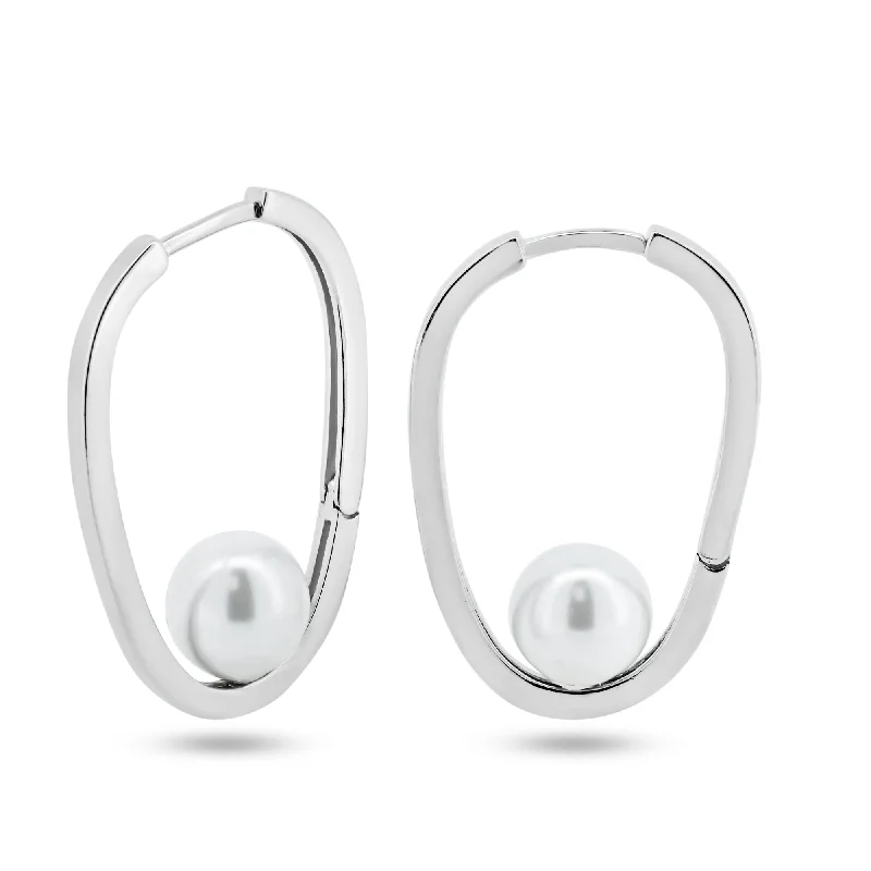 Hoop earrings with luxe velvet finishes for a rich and luxurious touch-Rhodium Plated 925 Sterling Silver Pearl Hoop Earrings - GME00125