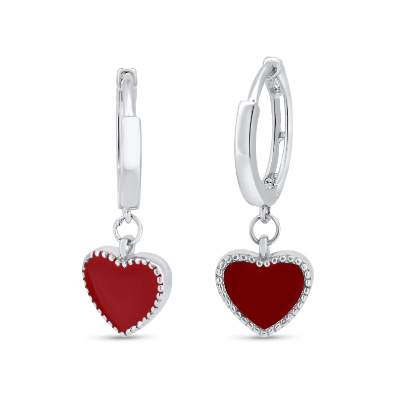 Small hoop earrings for a delicate and understated everyday wear-Rhodium Plated 925 Sterling Silver Red Enamel Heart 10mm Hoop Earrings - GME00143