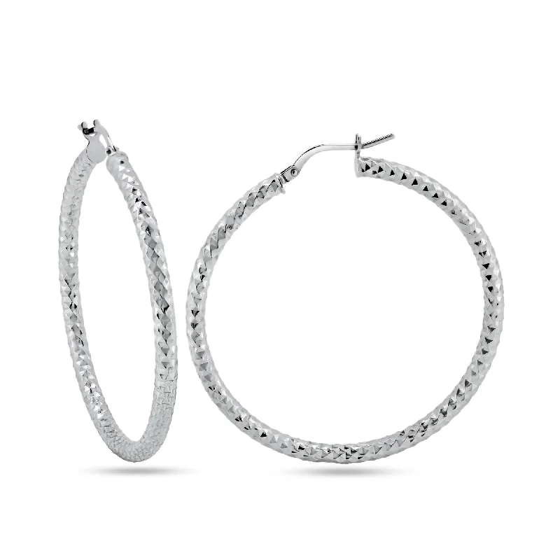 Best hoop earrings with smooth ceramic finishes for a polished, clean style-Rhodium Plated 925 Sterling Silver 3mm Diamond Cut Textured Hoop Earrings - ARE00037RH