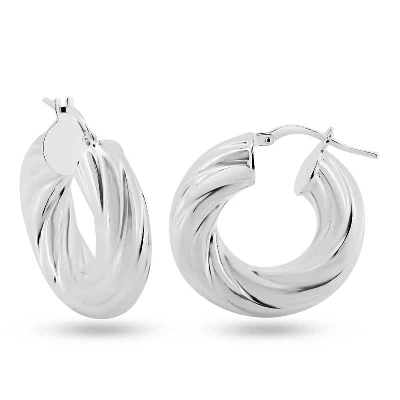 Large hoop earrings for a bold and statement-making fashion accessory-Rhodium Plated 925 Sterling Silver Silver Twisted Inner Size 12mm Hoop Earrings - ARE00029