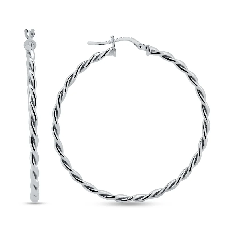 Hoop earrings with removable pendants for a versatile and customizable accessory-Rhodium Plated 925 Sterling Silver Silver Twisted Hoop Earrings - ARE00040RH