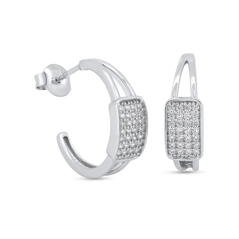 Hoop earrings with a matte finish for a sleek and sophisticated appearance-Rhodium Plated 925 Sterling Silver Square Center Encrusted CZ Semi Hoop Earrings - GME00126