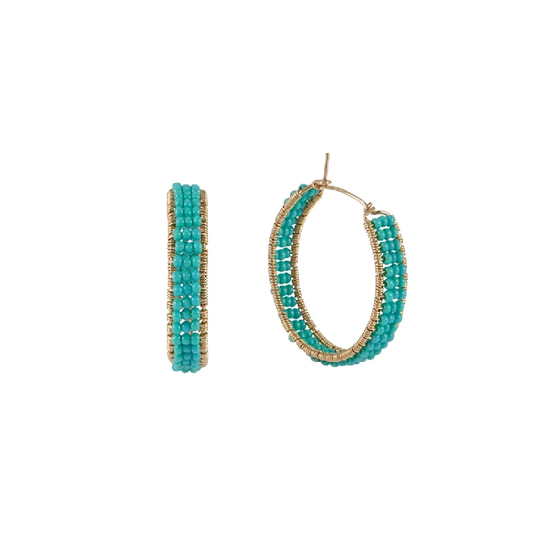 Best hoop earrings with marbled designs for a trendy and artistic effect-Medium Woven Beaded Hoops - TURQUOISE