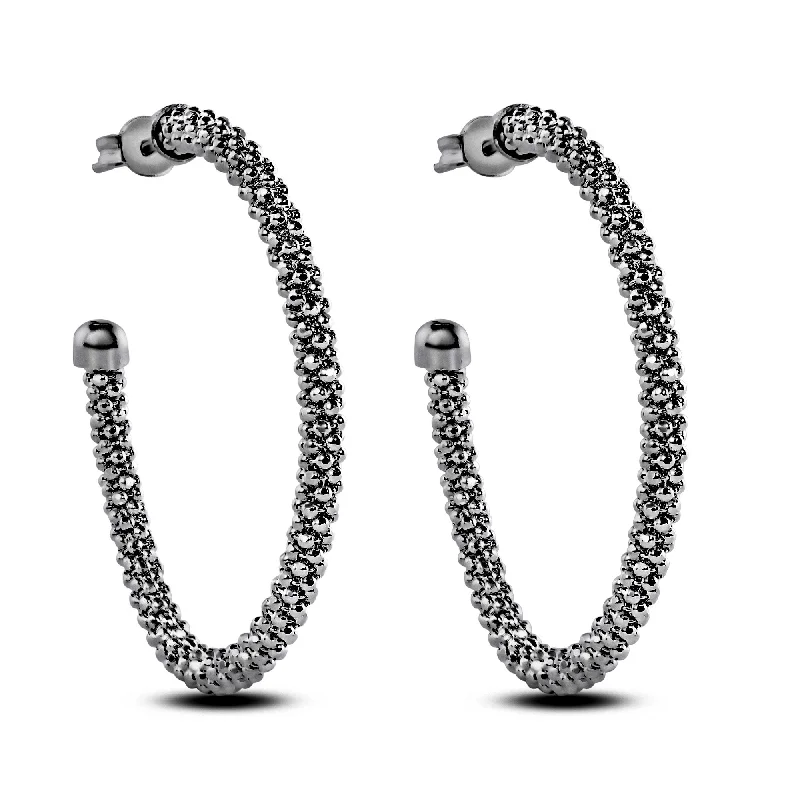 Hoop earrings with tortoiseshell designs for a chic and classic style-Sterling 925 Sterling Silver Blk Rhodium Plated Beaded Semi Hoop Earrings - ITE00045BLK