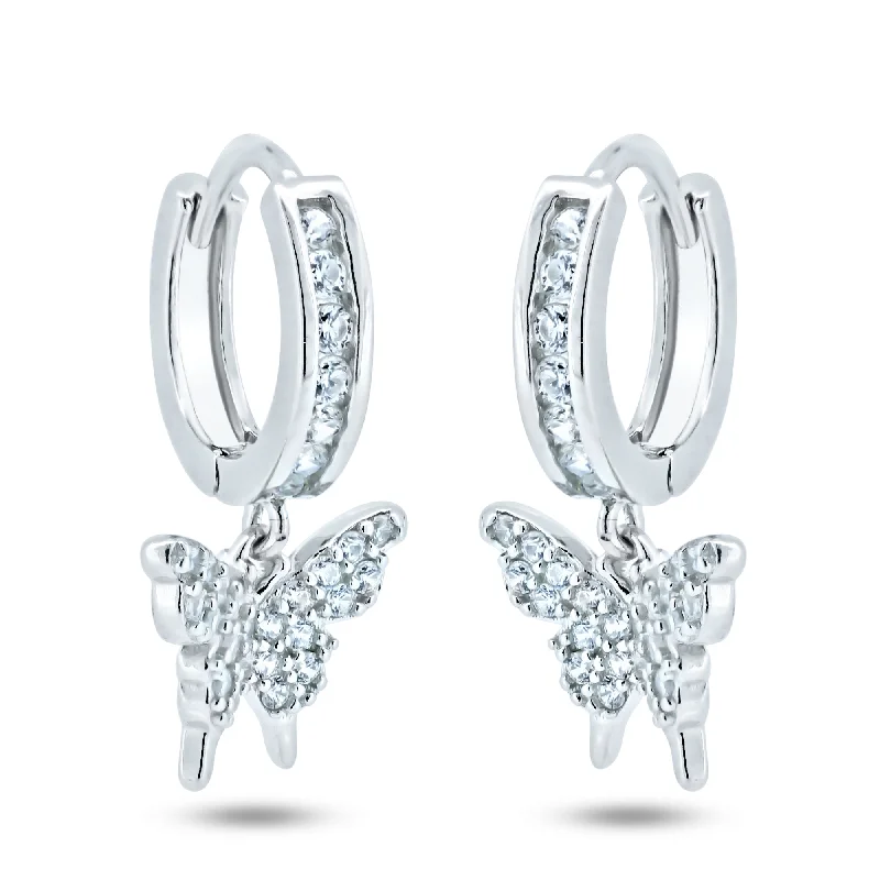 Best hoop earrings with crescent-shaped designs for a bold, moon-inspired style-Sterling Silver Rhodium Plated Dangling Butterfly Huggie Earrings - GME00152