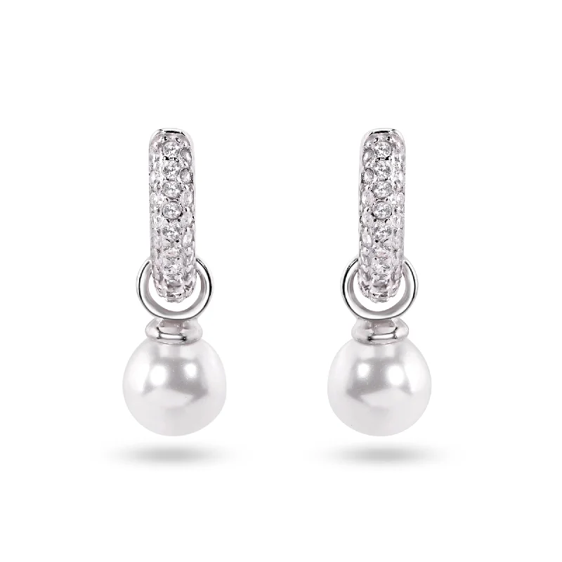 Best hoop earrings with baroque pearls for a luxurious and elegant vibe-Sterling Silver Rhodium Plated Dangling Pearl Clear CZ Hoop Earrings - STE01373