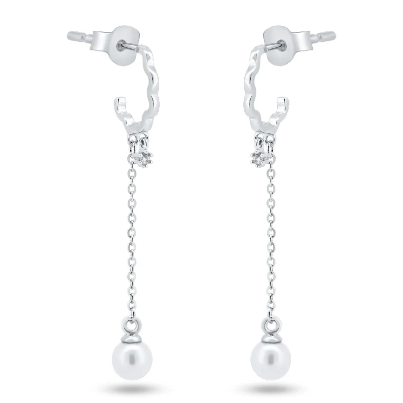 Best hoop earrings with braided leather for a rustic, stylish finish-Sterling Silver Rhodium Plated Dangling Pearl Semi Hoop CZ Earrings - GME00149