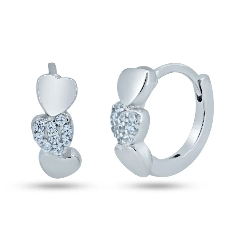 Best hoop earrings with gold for a luxurious and timeless look-Sterling Silver Rhodium Plated Pave Huggie Hearts Hoop Earrings - STE01370