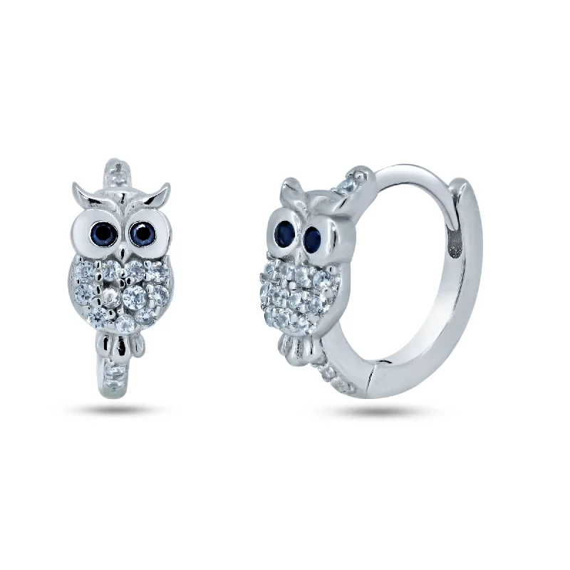 Hoop earrings with polished silver finish for a shiny, modern appeal-Sterling Silver Rhodium Plated Pave Huggie Owl Hoop Earrings - STE01366