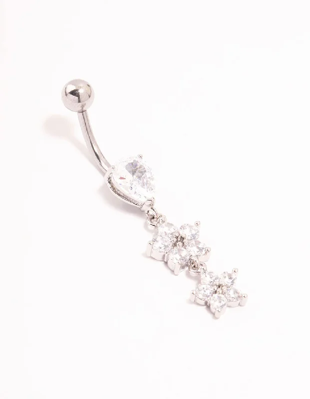 Hoop earrings with a matte black finish for a sleek, edgy vibe-Surgical Steel Cubic Zirconia Pear Flower Drop Belly Bar