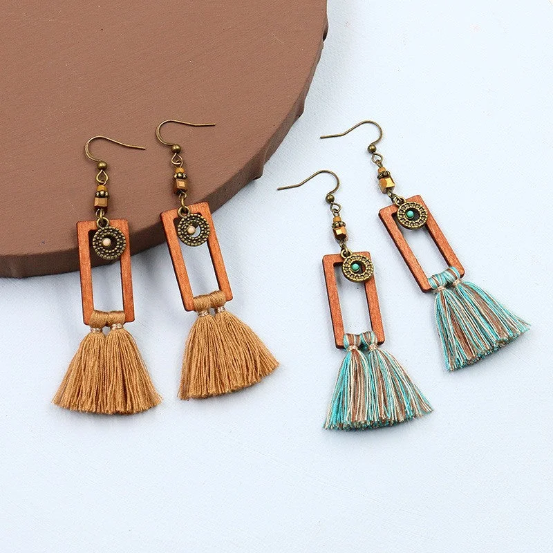 Hoop earrings with rhinestone-studded rims for a glamorous touch-Wholesale Bohemian Square Tassel Long Wooden Earrings