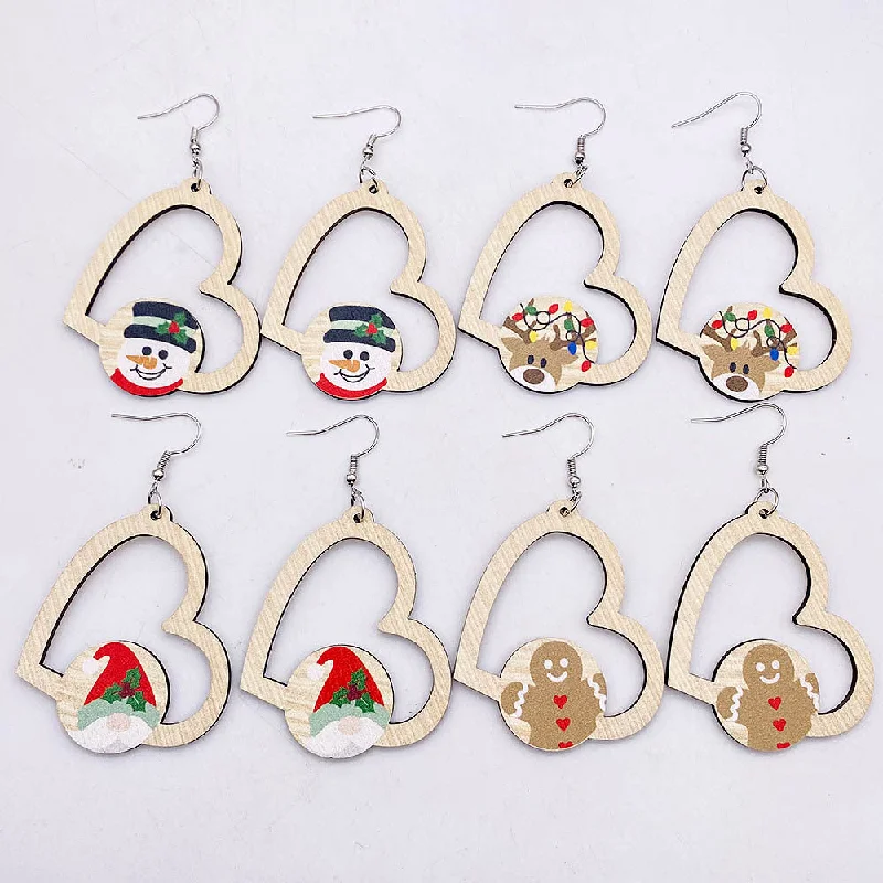 Hoop earrings with artistic filigree designs for an intricate, delicate finish-Wholesale Christmas Wooden Earrings Santa Claus Elk Gnome Heart Shape