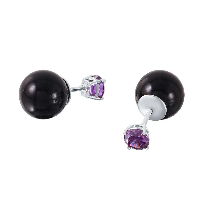 Hoop earrings with gold accents for a warm, elegant statement piece-Rhodium Plated 925 Sterling Silver Purple CZ Black Synthetic Pearl Front and Back  Earrings - STE01000FEB