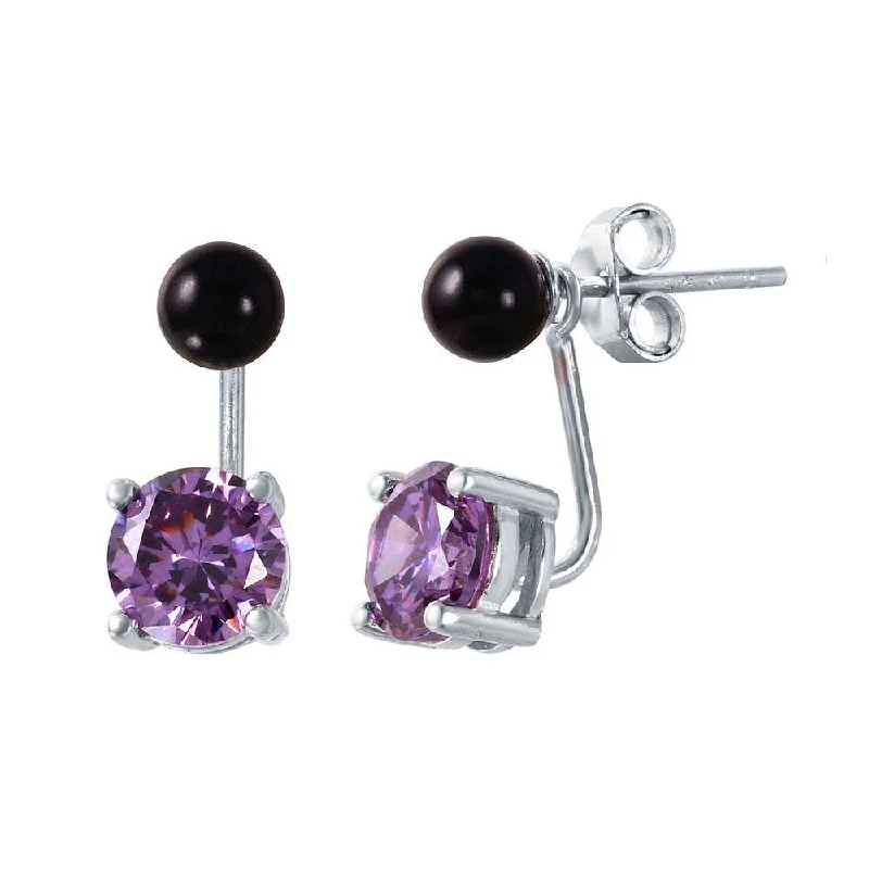 Hoop earrings with leather accents for a sleek and bold combination-Rhodium Plated 925 Sterling Silver Birthstone Black Synthetic Pearl Purple CZ Front and Back  Earrings - STE00999FEB