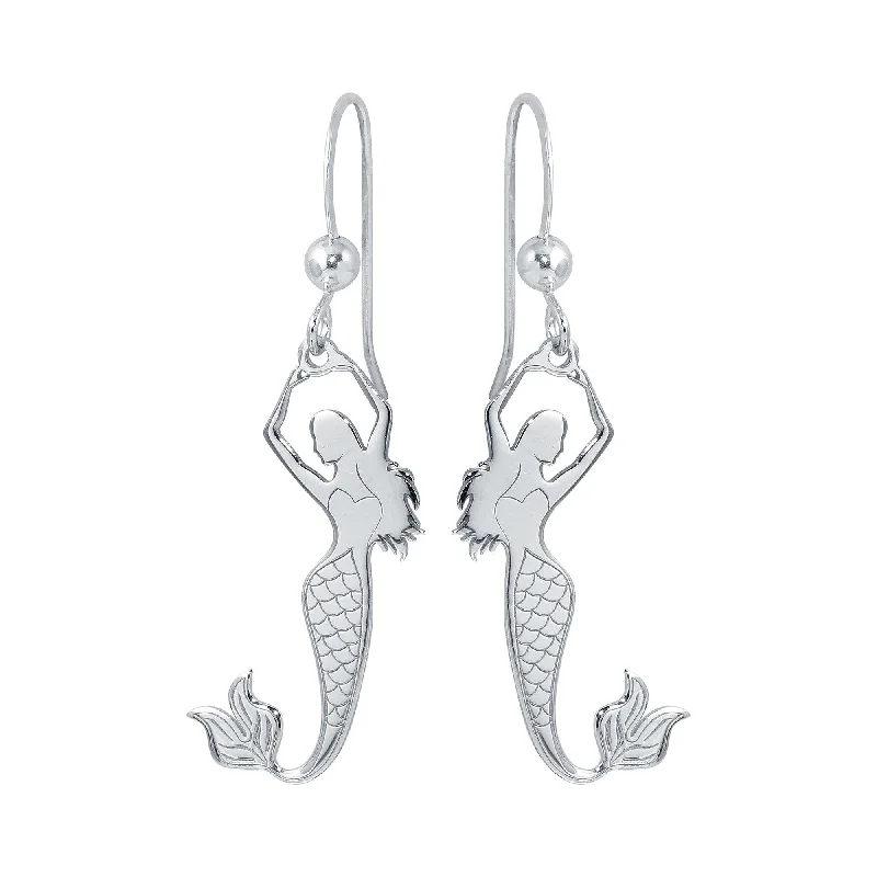 Classic hoop earrings with a thin profile for a sleek and subtle style-Rhodium Plated 925 Sterling Silver Dangling Mermaid Earrings - SOE00032