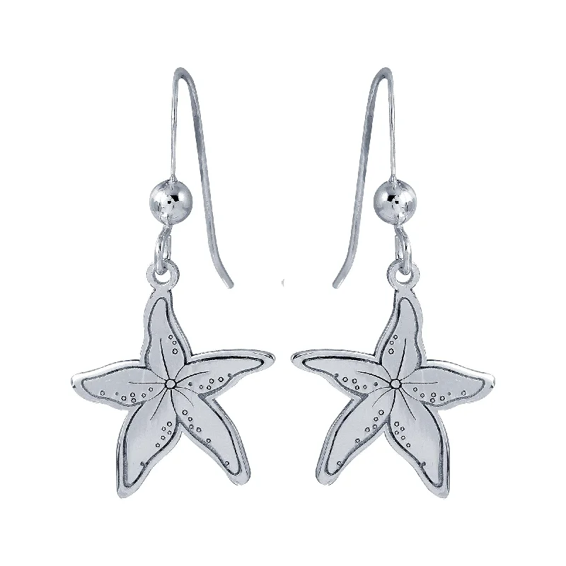 Hoop earrings with leather accents for a sleek and bold combination-Rhodium Plated 925 Sterling Silver Dangling Starfish Earrings - SOE00038