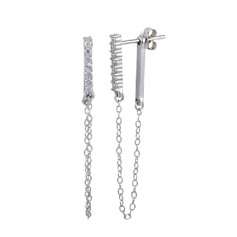 Best hoop earrings with minimalist designs for a clean and modern aesthetic-Rhodium Plated 925 Sterling Silver CZ Bar Dangling Chain  Earrings - STE01172RH