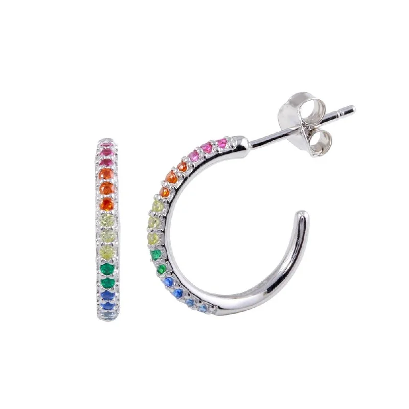 Best hoop earrings with sterling silver for an affordable and chic design-Rhodium Plated 925 Sterling Silver CZ Rainbow Semi Hoop Earrings - BGE00608