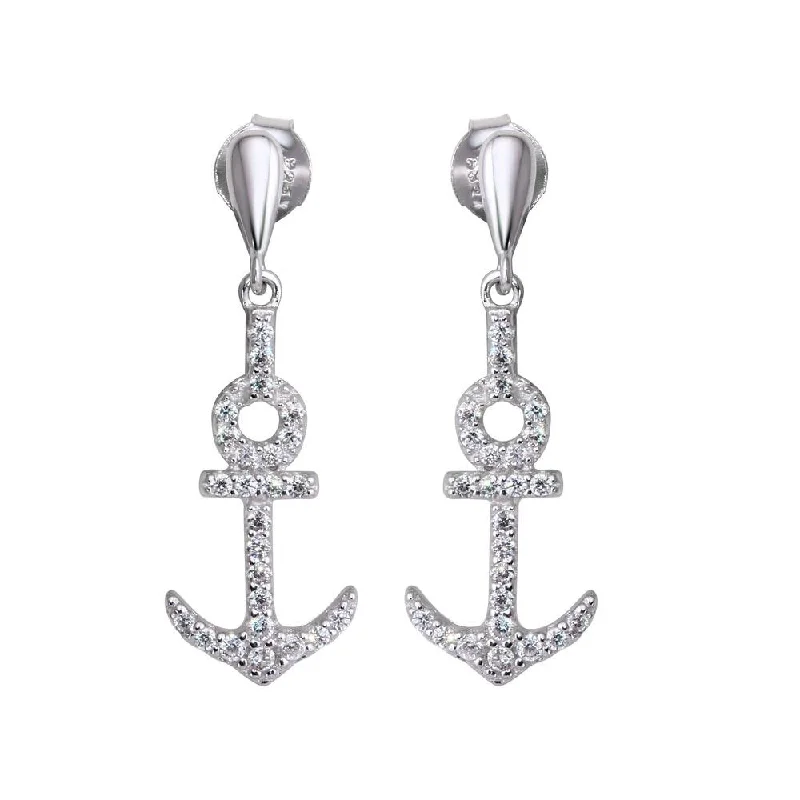 Hoop earrings with abstract shapes for an artistic and creative touch-Rhodium Plated 925 Sterling Silver Dangling Anchor Earrings with CZ - BGE00593